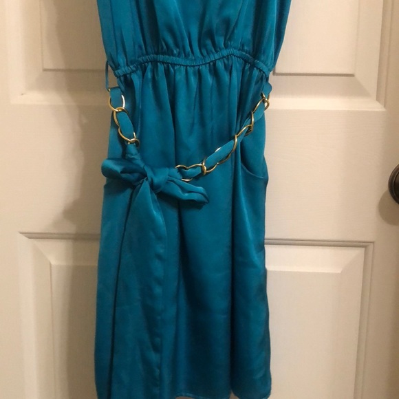 Teal Cocktail Dress with Gold Belt & Strap Detail - Picture 3 of 5